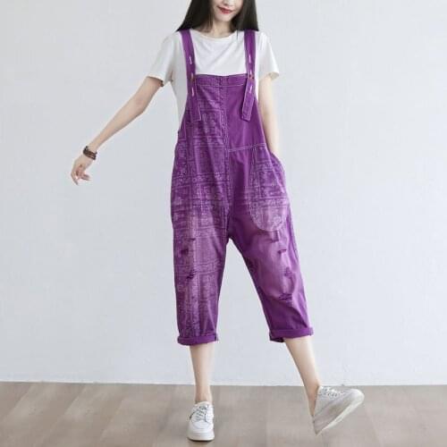 Women Summer Loose Printed Holes Ripped Jumpsuits Ladies Vintage Bleached Rompers Female 2021 Overalls