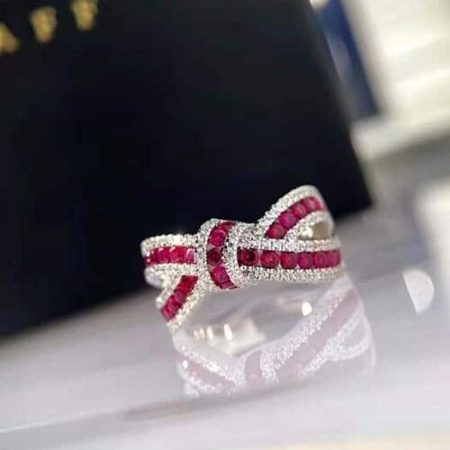 Trendy 100% 925 Sterling Silver Rings Bowknot Ruby Created Moissanite Gemstone Wedding Party Ring Ladies Fine Jewelry Wholesale