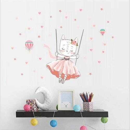 1PCS Pink Cat Hot Air Balloon Background Wall Stickers For Childrens Room Decoration Animal Cartoon PVC Stickers Self-Adhesive