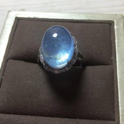 100% Natural Blue Aquamarine Adjustable Ring 925 Silver 12*15mm Love Gift Stone Ring AAAA Crystal Healing Stone Low Price