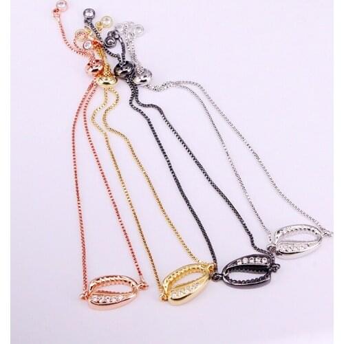 6PCS, CZ Micro Pave Metal Cowrie Shell Connector with Slide Chain Bracelets