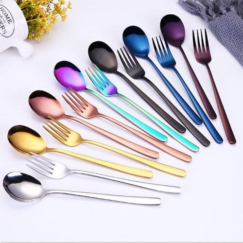 7 Colors Stainless Steel Long Handle Dinner fork Spoon Rainbow Fork Hotel Restaurant Party Supplies Dinnerware Steak Fork Spoon