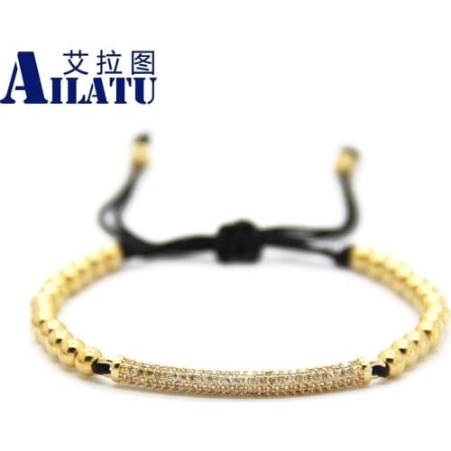 Ailatu 4mm Bronze Beads Weave Thin Brass Cubic Zirconia Tube Braided Macrame Bracelet