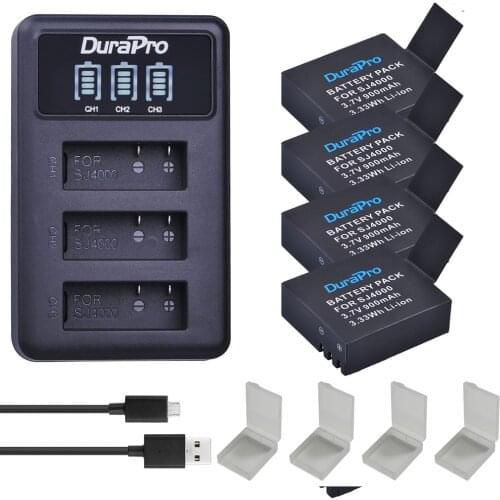 4pcs SJ4000 PG1050 Camera Battery +LED 3-Port USB Charger for SJCAM sj4000 sj5000x SooCoo c30 C50 EKEN H9 H3 V8 Series 4K Ation