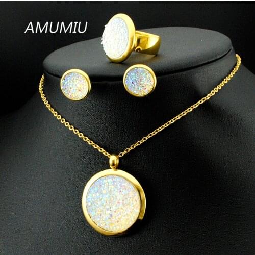 AMUMIU Wedding Jewelry Sets Crystal Womens Jewellry 316L Stainless Steel Necklace/Earrings/Ring Sets High Quality KTZ018