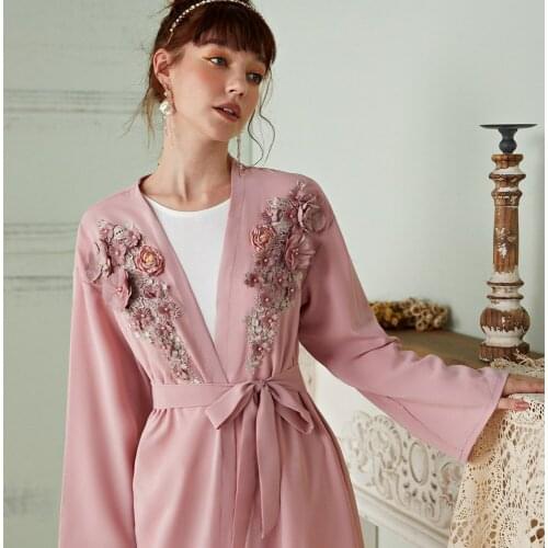 Appliques Opened Abaya Kimono Dubai Kaftan Muslim Cardigan Abayas Women Casual Robe Femme Caftan Islam Clothes With Belt F2665