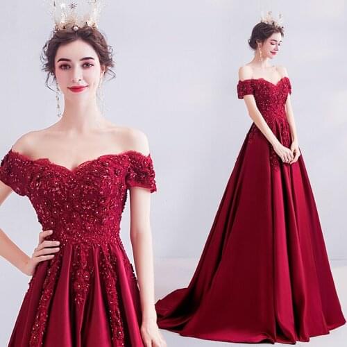 Burgundy Evening Dresses 2020 Long Satin Off Shoulder Sweetheart A Line Beaded Prom Party Formal Gowns