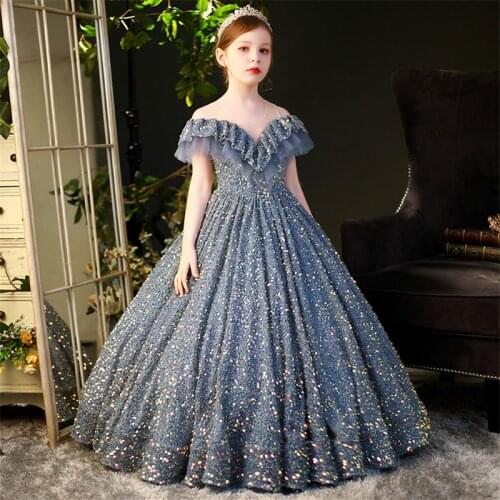 Children Girls Exquisite Bling Design Luxury Sequined Birthday Wedding Party Dress Model Show Catwalk Piano Host Costumes Dress
