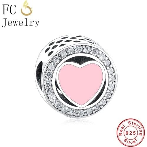 FC Jewelry Fit Original Brand Charm Bracelet 925 Sterling Silver Pink Enamel Heart Circle Zirconia Bead Making Berloque