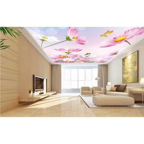 Custom photo 3d ceiling murals wallpaper Beauty Pink Gesang Flower Butterfly painting 3d wall murals wallpaper for living room