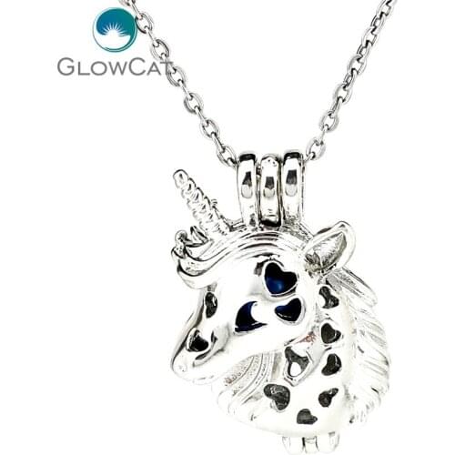 K1178 Silver Alloy Unicorn Fairy Tale Pearl Cage Pendant Chain Aroma Essential Oil Diffuser Locket Necklace