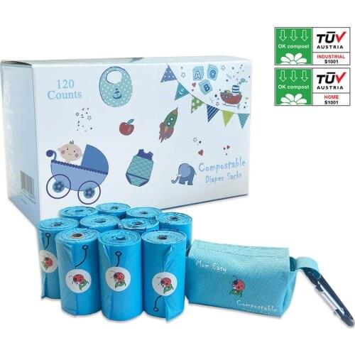 MOM EASY 120 Counts Easy-Tie Baby Compostable Diaper Sacks Blue Large Biodegradable Diaper Bags Flat Top Type