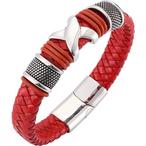 Fashion Mens Accessories Red Braided Leather Bracelet Men Jewelry Magnetic Clasps Stainless Steel Personality Wristband SP0100
