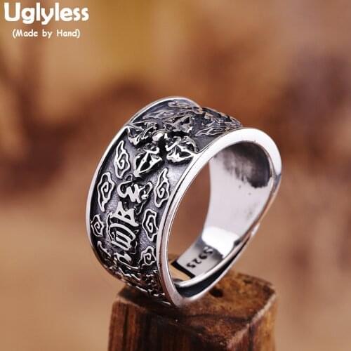 Uglyless Buddhistic Vajra Cross Rings for Men Thai Silver Six-word Mantra Open Rings Real 925 Silver Bijoux Fine Jewelry R835