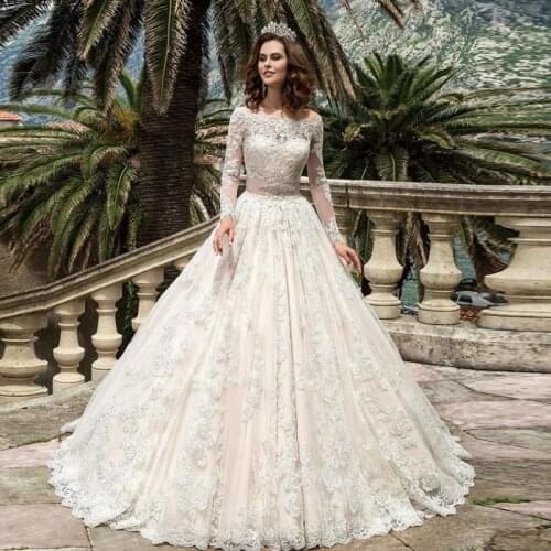 2021 New Vintage Lace Wedding Dress Elegant Boat Neck Long Sleeve Bridal Ball Gown Up Zipper Custom Made Robe De Mariee