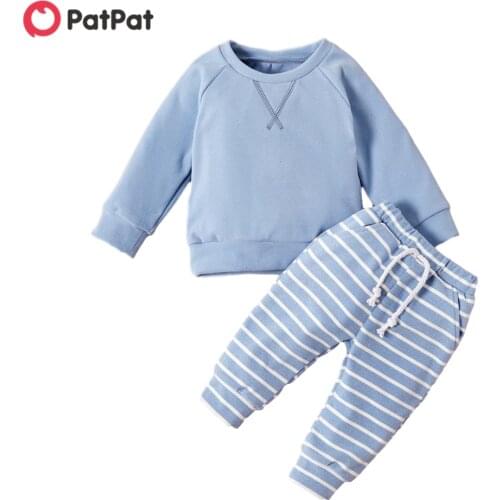 PatPat 2021 new Arrival Spring and Autumn Solid Top and Striped Pants Set 2pcs Baby Unisex casual Stripes Babys Sets Baby