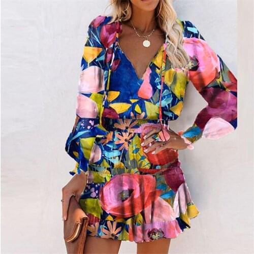 Autumn Korean Style Dress Vintage Floral Print High Waist Dress V-Neck Long Sleeve 2021 Elegant Fashion Casual Mini Dresses