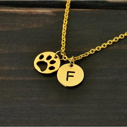 Personalized Dog Paw Mark Print Necklace,Custom Letter Bar Pendant,Gold Color Dog Jewelry,Cute Charm