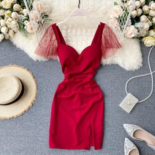 Womens Summer Dress Korean Commuter Open Back V-neck Stitching Mesh Dress New Slim Female Short Split Dresses HH083