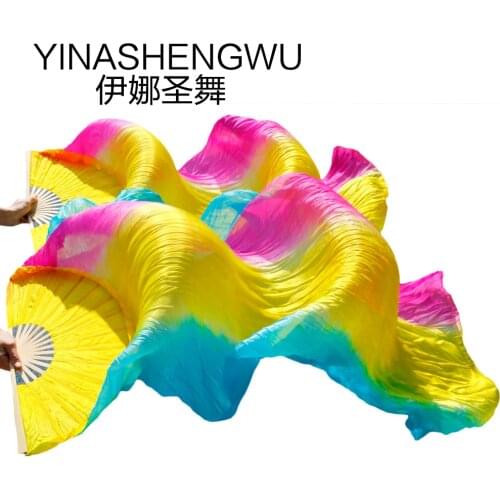 Stage Performance 100% Silk Belly Dance Fan Gradient Colour Dance Accessories Belly Dance Silk Fan turquoise+yellow+rose stripe