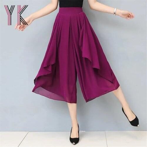 Ruffle Hem Pleated Solid Color Wide Leg Mom Skirt Pants Summer Casual Loose Office Lady Cropped Pant High Waist Trouser Culotte