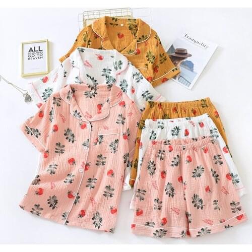 Women Leisure Loose Pajamas Top + Shorts 2 Piece Set Comfortable Gauze Crepe Cotton Summer Simple Pajama Home Clothes Sleepwear