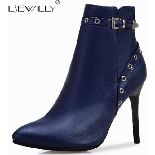 Lsewilly larger size 34-50 woman ladies soft PU leather booties womens buckle strap zipper rivets thin high heels ankle boots