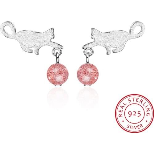 Cute Cat Natural Strawberry Crystal Moonstone 925 Sterling Silver Earrings Fine Jewelry For Women S-E728