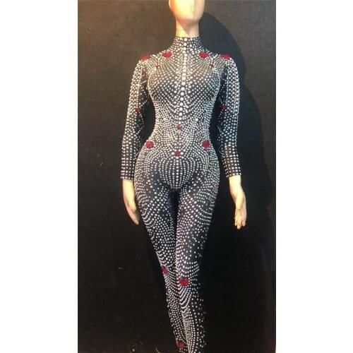 Women New Black Shiny Rhinestones Pearls Sexy Jumpsuit Birthday Stretch Bodysuit Nightclub Female Singer Show Costume Outfit
