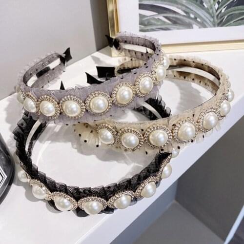 1PC Simulation Pearl Hairbands Women Hair Accessories Korean Polka Dot Pleated Mesh Hair Band Hoops Headband Wedding Ornaments