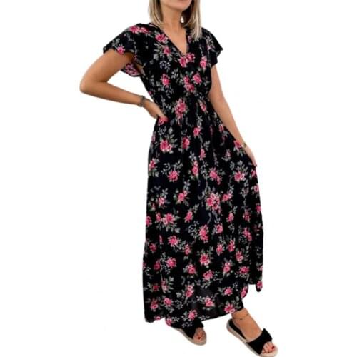 Bohemian Print Woman Summer Maxi Dress V Neck Lady Short Sleeve Elegant Sundress For Female Waist Tight Lotus Leaf Loose Dress