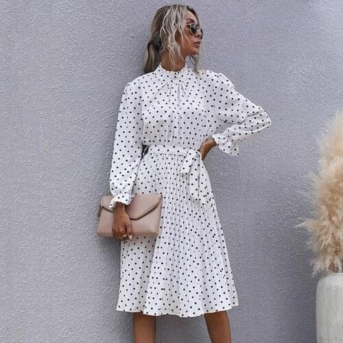 Ladies Vintage Polka Dot Print Dress Women Casual O Neck Butterfly Sleeve Spring Autumn Slim Bandage Women Dress Vestidos Female
