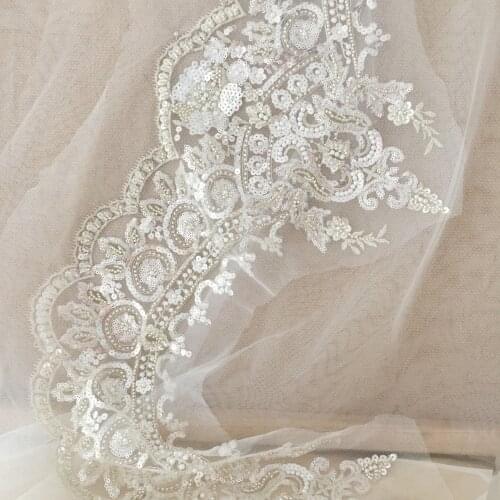 1 Yard Vintage Style 3D Beaded Sequin Lace Trim , Scalloped Bridal Veil