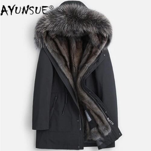 AYUNSUE Winter Real Fur Coat Men Parka Natural Mink Fur Liner Jacket Raccoon Fur Collar Mens Mink Jackets Parkas 2020 KJ3498