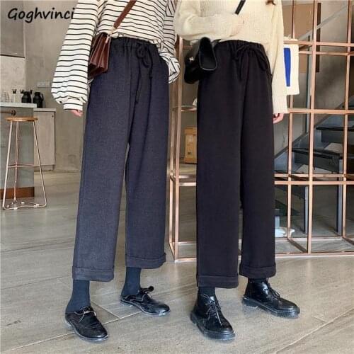 Pants Women Solid Elastic Waist Plus Size 3XL Autumn Woolen OL Simple Elegant Chic Straight Trousers Korean Style All-match New
