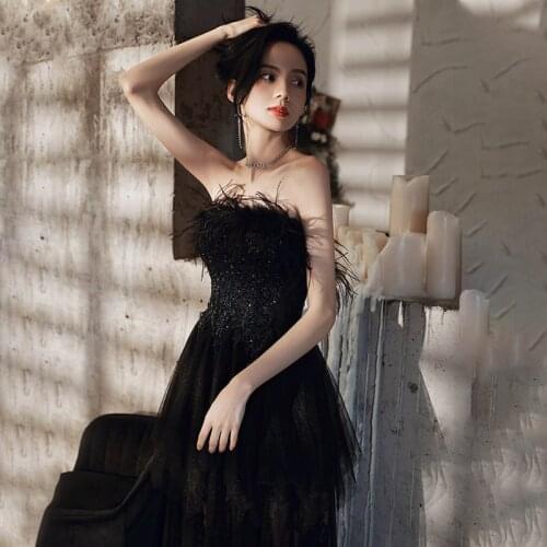 Black Tube Top Evening Dresses 2021 Women Beading A Line Tulle Sexy Backless Lacing Up Prom Party Gowns