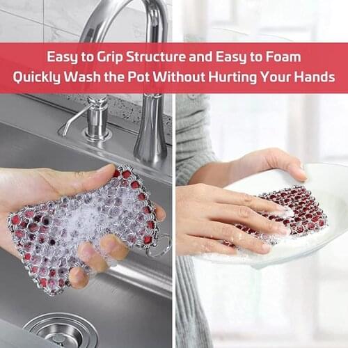 Cast Iron Frying Pan Cleaner 316 Stainless Steel Chain Armor Scrubber Built-in Silicone Cleaning Kitchen Utensils