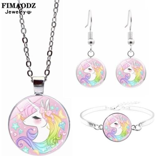 FIMAODZ Unicorn Jewelry Sets Cute Cartoon Horse Picture Glass Crystal Pendant Necklace Earring Bracelet Set Party Birthday Gift