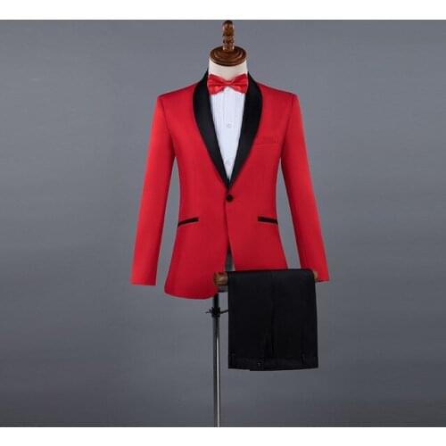 Red Wedding Groom Tuxedo Mens Suit Shawl Collar One Button Suits with Pants Mens Slim Fit 2 pcs Suit Male Costume Homme Mariage