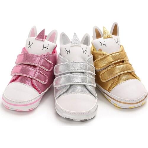 Newborn Infant PU Bling Baby Girls Shoes Unicorn Head Toddler Soft Cotton Anti-Slip Sole Canvas Sneaker Girl Party Crib Shoes