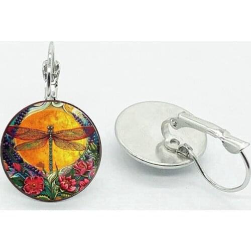 Hot Sale Cute Dragonfly Pendant Earrings Round Glass Convex Earrings Ladies Elegant Jewelry Accessories Birthday Gifts