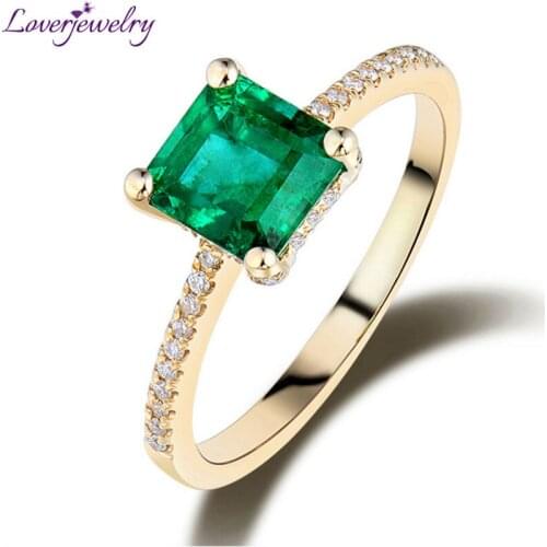 LOVERJEWELRY Simple Vintage Princess 6.5mm Solid 18kt Yellow Gold Natural Diamond Emerald Ring For Women Engagement WU0096