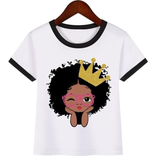 Cute african american melanin puff hair girl with crown kids tshirt black princess print girls clothes children boy t-shirt tee