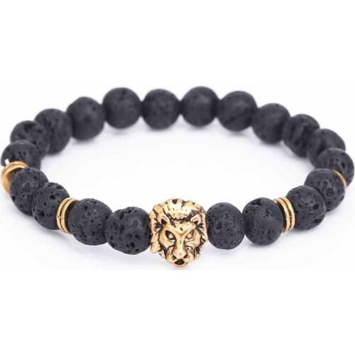 Fashion Men Lion Head Buddha Bead Bracelet Black Lava Stone Beads Charm Bracelets & Bangles For Men Accessories Gift