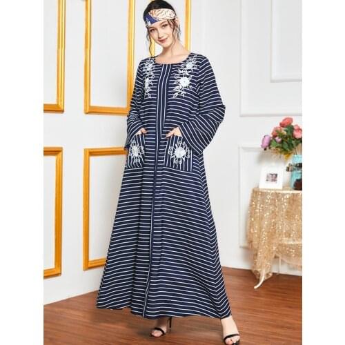 Muslim Women Abaya Islamic Maxi Long Sleeve Dress Embrodier Pocket Kaftan Jilbab Turkish Plus Size Blue Casual Party Robe Gown