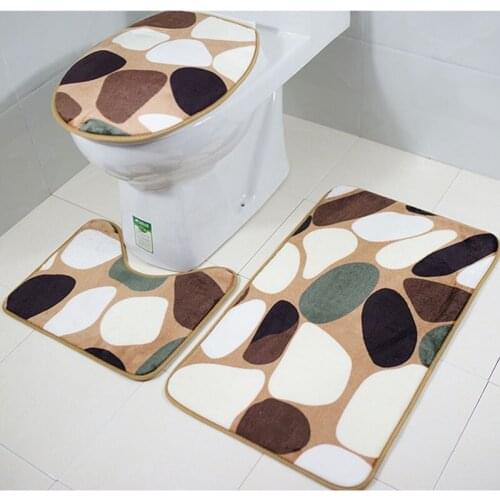 Three Pieces Flannel Bathroom Floor Mat Set with Cobblestone & Maple leaf Toilet Cover and Rugs Non-Slip Bathroom Carpet set