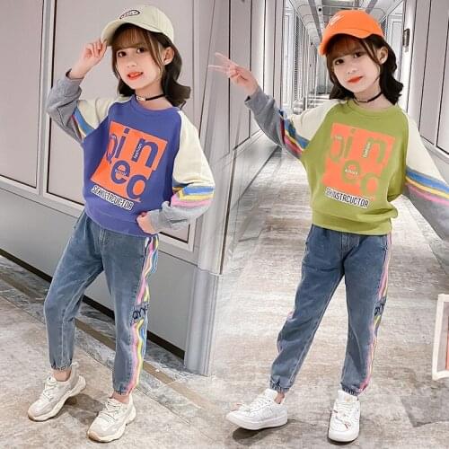 2021 New Kids Clothes Suit Girls Spring Fall Outfits Fashion Casual Big Children Clothing Set Hoodie Jeans Sets 6 8 10 12 Years