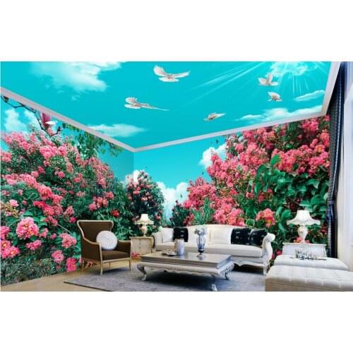 Custom 3d ceiling murals Flowers, butterfly, blue sky, white clouds, whole house, theme space, background wall wallpaper