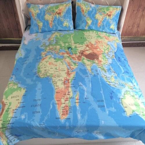 World Map Print Bed Linen Home Textile Bedding Sets Bed Sheet Pillowcase Bedclothes Queen King Size Duvet Cover Comforter Kit
