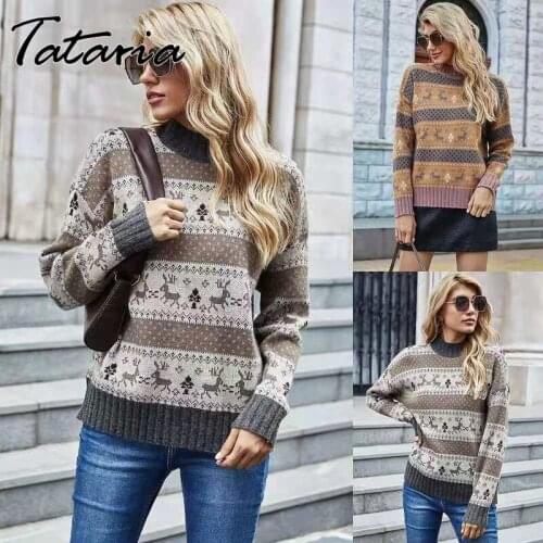 Fawn Print Pullover Sweater for Women Autumn Winter Basic Classic Knitted Top Fashion 2021 Jacquard O Neck Streetwear Mujer